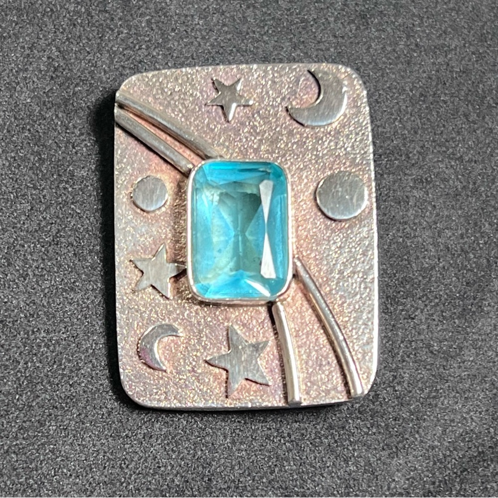 Sterling Silver Blue Quartz Moon‎ Stars Pendant Brooch Mystical Fairy Celestial